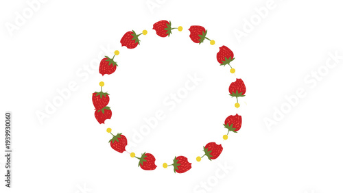 Circle of small red strawberries with yellow tips is arranged to form a simple wreath in the center of a white background.