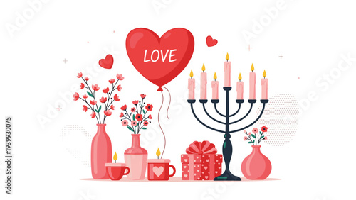 Collection of romantic objects including candles, flowers, a heart-shaped balloon, and a gift box is arranged for Valentine's Day.