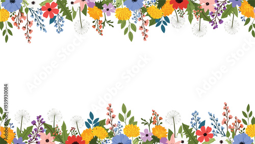 Top and bottom borders made of various colorful wildflowers, leaves, and dandelions create a frame on a white background for text.