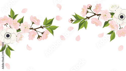 Two corners of a white background are decorated with branches of pink cherry blossoms, white anemones, and green leaves for text.