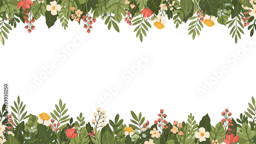 Thick top and bottom borders composed of dense green leaves and various colorful wildflowers create a lush frame on a white background.