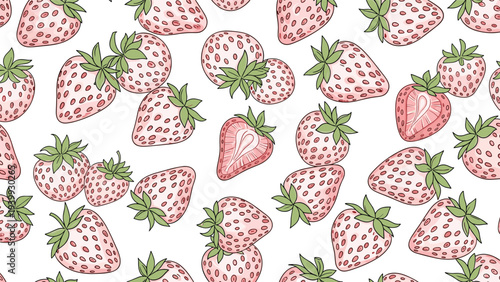 Seamless pattern features detailed sketches of whole and halved strawberries with green leaves on a clean white background for food.