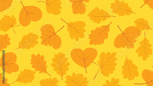 Vibrant pattern of yellow and orange autumn leaves in different shapes and sizes on a solid yellow background for seasonal wallpaper designs.