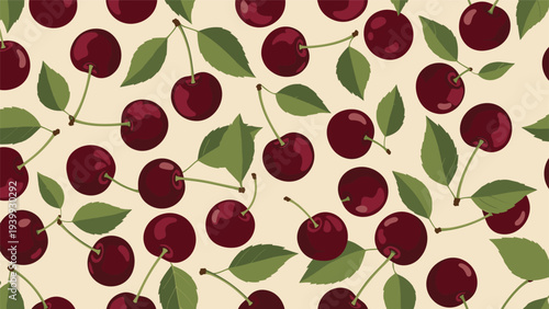 Vintage style pattern of dark red cherries with green leaves scattered across a light beige background for kitchen and food design projects.