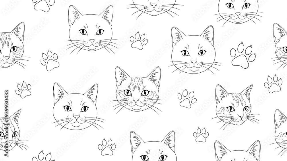 Fototapeta premium Playful seamless pattern with cute cat face outlines and paw print sketches in black and white line art for pet related branding and products.