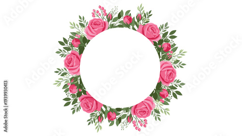 Beautiful circular wreath of blooming pink roses with green leaves and small buds on a white background for wedding and floral invitations.