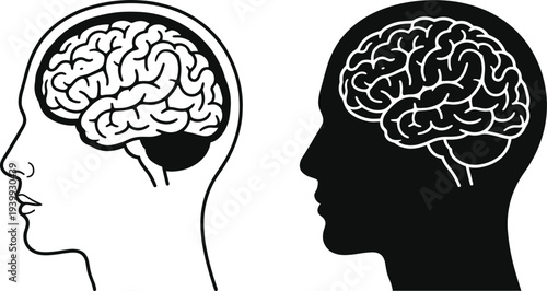 Black and white vector icons of a human head profile with a detailed brain for psychology neurology mental health intelligence and anatomy concepts