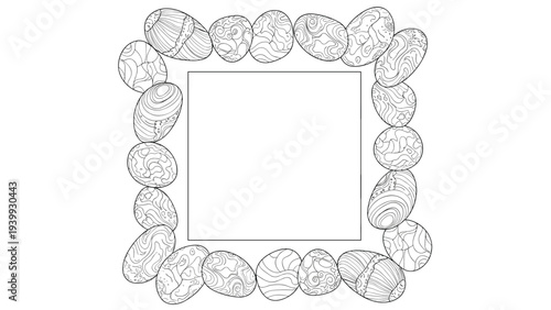 Square decorative frame composed of intricately patterned Easter eggs in black and white line art for holiday greeting cards and coloring.