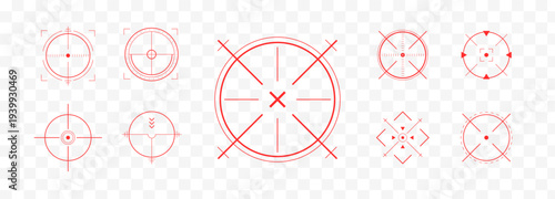 Crosshair Hud red. Precision aim icons and shooting targets. Futuristic sniper reticle designs for weapon sights. Set of simple Vector icons.