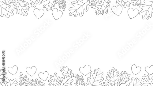 Horizontal border design with hand drawn dashed outlines of oak leaves and hearts on a white background for simple fall and love themes.