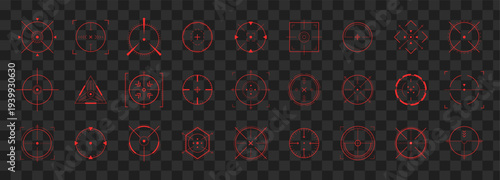Red crosshair Hud. Asset focus with bullseye or brain research buttons. Colorful clip art and exploding compass for future vision with vitality and progress. Set of simple Vector icons.
