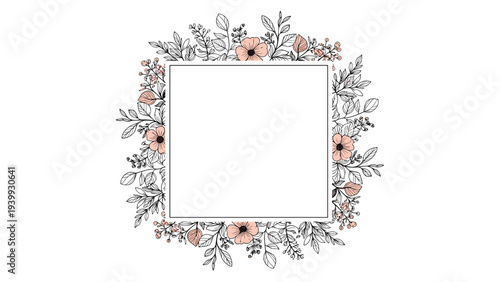 Beautiful floral square frame with delicate hand drawn leaves and soft pink flowers, providing a blank space for customized text greetings.