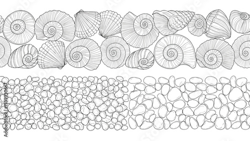 Detailed black and white sketches of seashells and smooth pebbles arranged in horizontal borders, capturing the essence of a peaceful beach.
