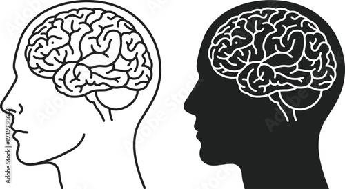 Black and white vector icons of a human head profile with a detailed brain for psychology neurology mental health intelligence and anatomy concepts