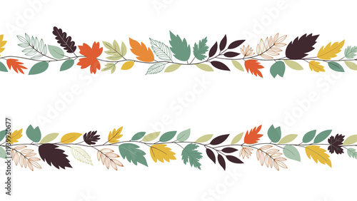 Set of two horizontal borders featuring various colorful autumn leaves on delicate branches, perfect for seasonal decorations and greetings.
