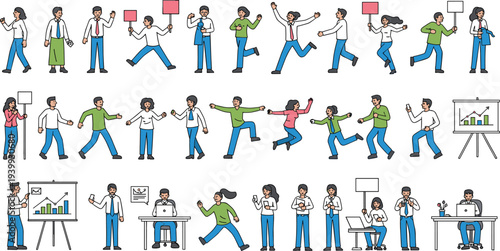 Business people activities set, office teamwork communication scenes, corporate meeting presentation discussion characters,