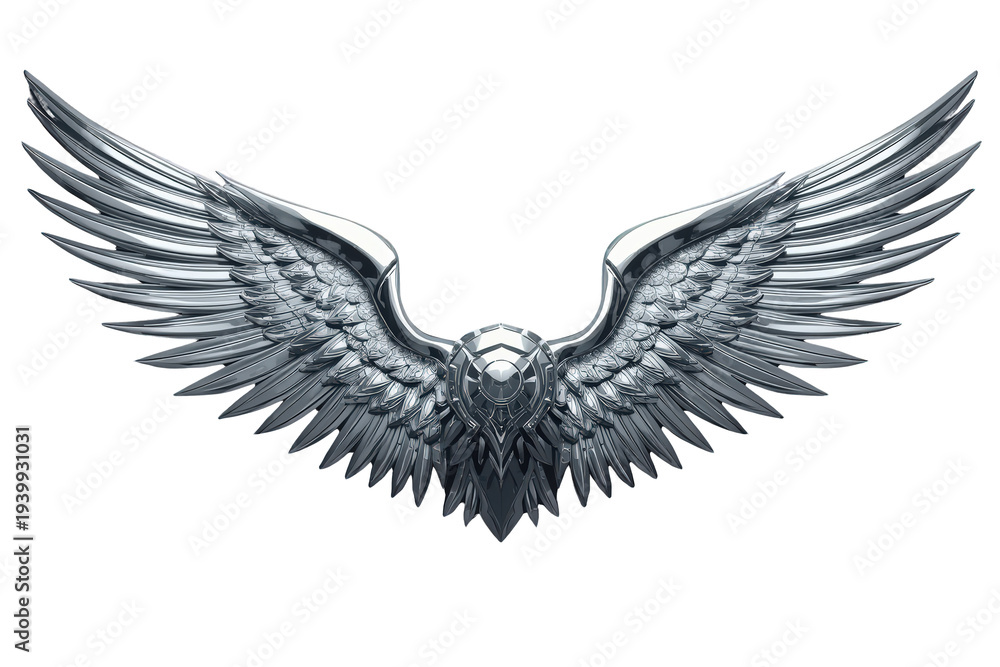Obraz premium Metallic wings emblem with stylized silver feathers and chrome details symbolizing strength, freedom, speed, and elegance on transparent background