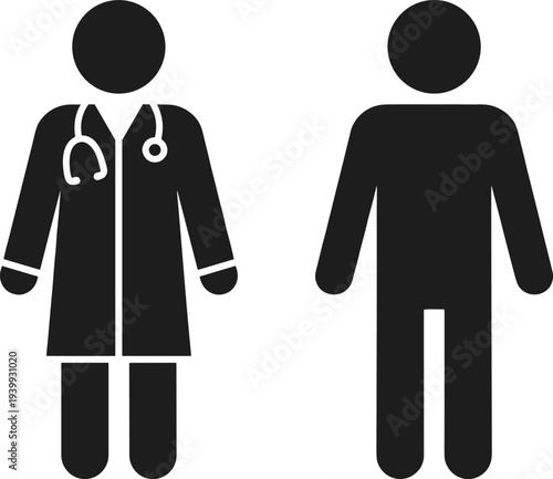 Black and white vector silhouettes of a professional medical doctor wearing a stethoscope and a male patient standing for a healthcare consultation appointment