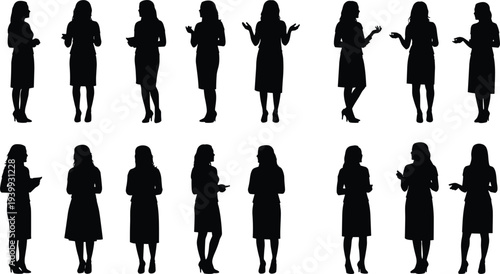 Businesswoman silhouettes set, female professional people poses collection, office worker shadow characters, corporate woman standing gestures, elegant business lady silhouettes vector