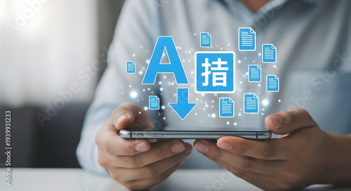 Hands holding smartphone with blue digital interface and document