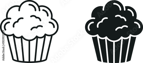 Black vector icons of delicious cupcakes with frosting and striped liners isolated on a white background for bakery dessert and sweet food concepts