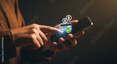 Hands holding smartphone with digital payment and dollar sign glowing