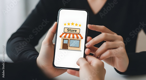 Hands holding smartphone with store and five star rating