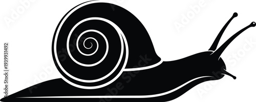 A black vector silhouette of a garden snail with a spiral shell crawling slowly on a white background for nature and garden concepts