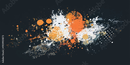 Abstract artwork in paint splatters. Showcasing abstract shapes in vibrant orange, yellow, and white against a dark background, this eye-catching graphic evokes creativity and dynamic expression.