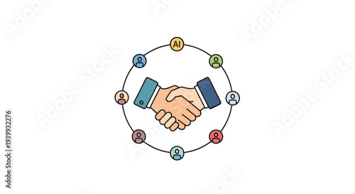 Two hands shake surrounded by diverse user icons and an AI icon in a circular arrangement, Generative AI.