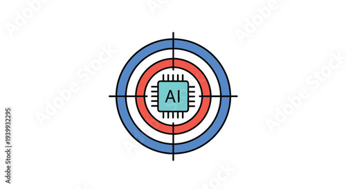An AI microchip is positioned at the bullseye center of a red and blue target icon, Generative AI.