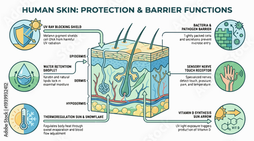 Educational flat vector infographic of human skin barrier and protection functions for biology
