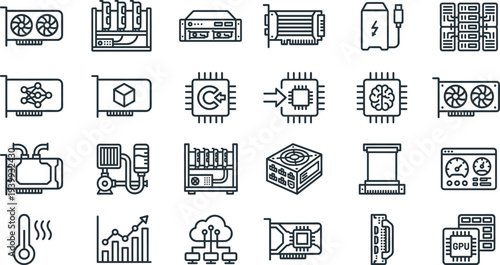 GPU compute rigs and AI hardware line icons set with graphics cards mining rigs processors cooling systems cloud computing