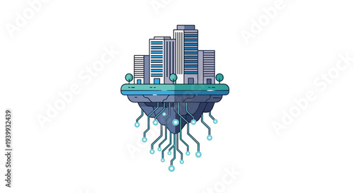 A futuristic city floats on an island connected by glowing digital circuit roots extending into the space below, Generative AI.