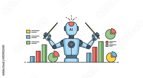 A smart artificial intelligence robot holds two pointers while presenting diverse data charts and graphs, Generative AI.