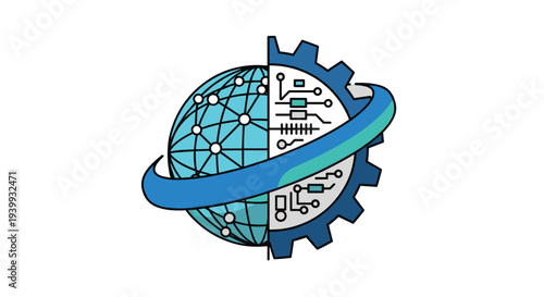 A half globe with a network and a half gear with circuit patterns are intertwined encircled by an orbital arc, Generative AI.