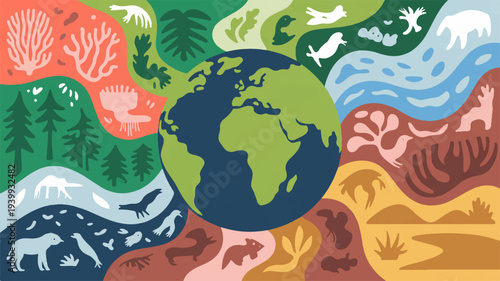 Earth surrounded by diverse ecosystems and wildlife in colorful illustration