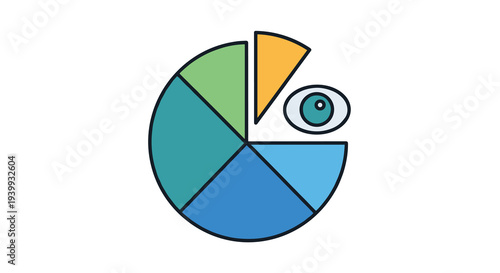 A multicolored pie chart displays one slice replaced by a stylized eye symbolizing data observation and insights, Generative AI.