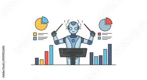 A robot conductor holds two batons while standing amidst various bar charts and pie graphs managing data visualization, Generative AI.