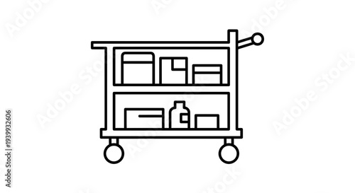 Cleaning Cart Icon: Housekeeping Trolley with Supplies, Vector Line Art