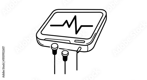 Digital health monitor with heart rhythm on screen and earbuds connected, medical technology concept