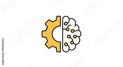 A split icon combines a mechanical gear on one side with a human brain featuring circuit connections on the other, Generative AI.