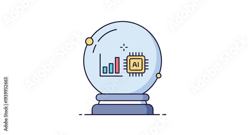 An AI chip and a bar chart are visible inside a sparkling crystal ball representing future data analysis and predictions, Generative AI.