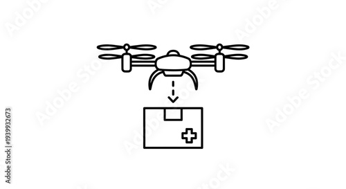 Drone delivering medical package with cross symbol, aerial delivery concept