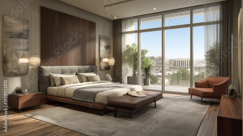 Master bedroom design featuring high end furniture wooden floors and modern carpet