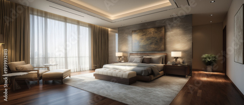 Master bedroom design featuring high end furniture wooden floors and modern carpet