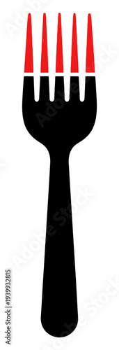 A black fork with red tines is centered on a clean white space, viewed directly from the front, symbolizing dining or eating utensils.