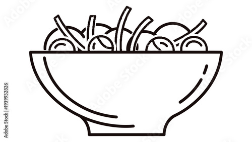 A bowl of noodles is depicted in a simple illustration, viewed from the side, showing various ingredients and utensils together.