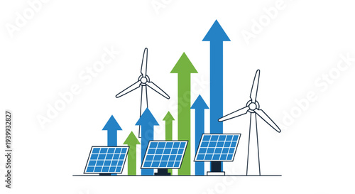 Wind turbines and solar panels illustrate increasing renewable energy production with upward growth arrows, Generative AI.