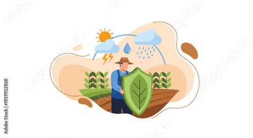 Farmer holding a leaf-shaped shield protecting crops from adverse weather conditions like sun rain and lightning, Generative AI.